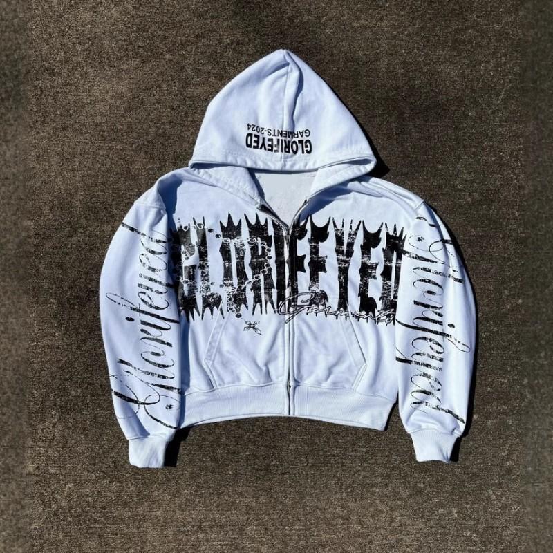 Oversized Hooded Zipper Sweatshirt With 3D Print Graphic Long Sleeve Streetwear Top Women Y2K Retro Style