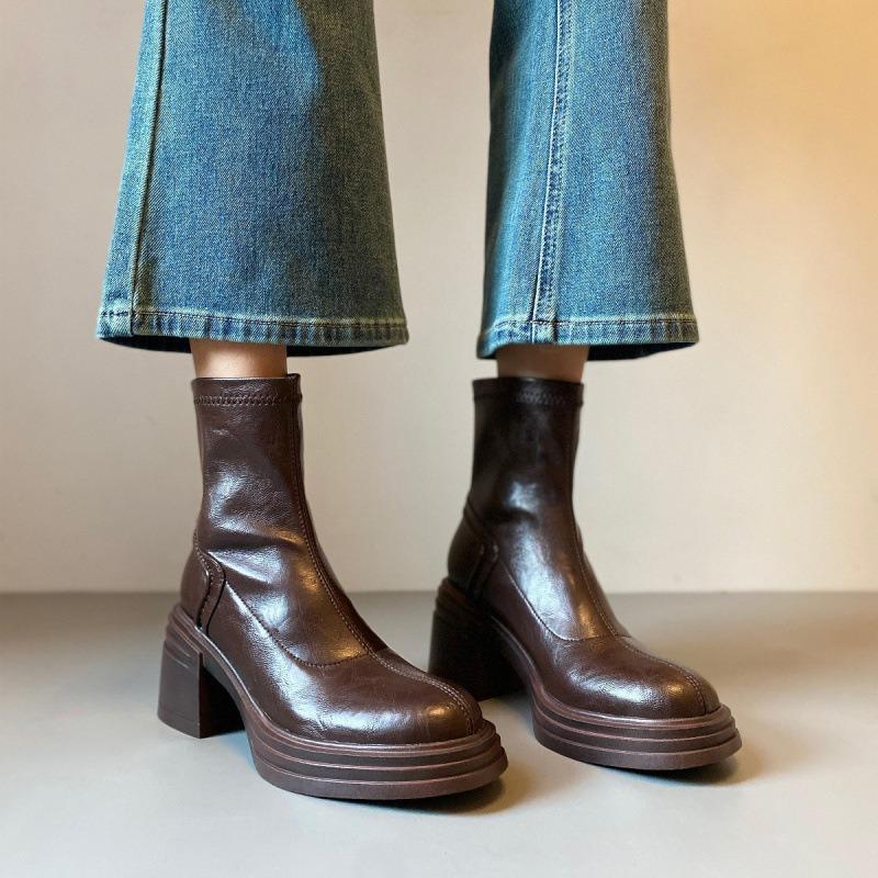 Cowhide version~ Small height-increasing short boots women's thick sole. cm waterproof table slim Martin boots rear zipper boots