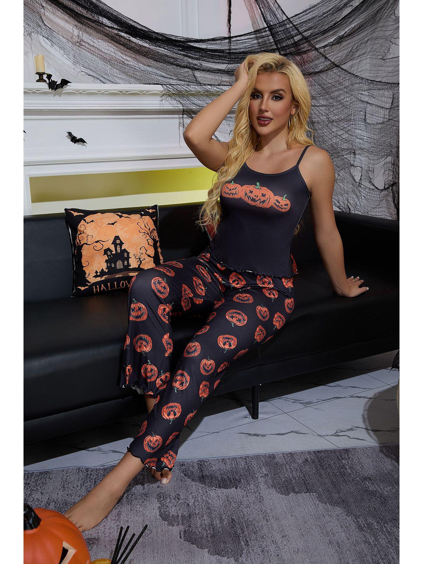 

Женский пижамный комплект с принтом тыквы на Хэллоуин - Сексуальный топ на бретелях и длинные брюки Small чёрный