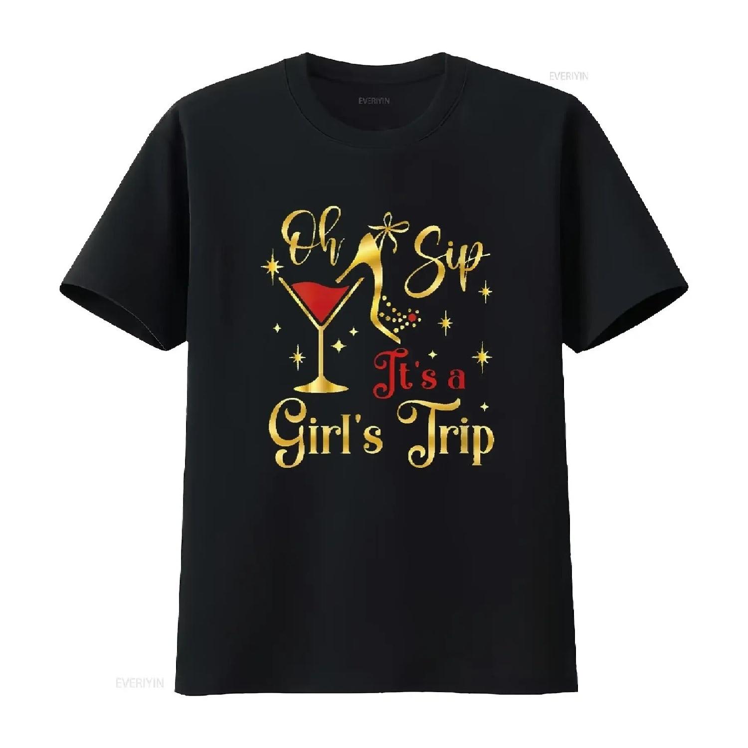 Womens Oh Sip Its A Girls Trip T Shirt Fun Wine Par Women s  for Trendy Look vintage Washed Comfortable Soft Breathable S чёрный