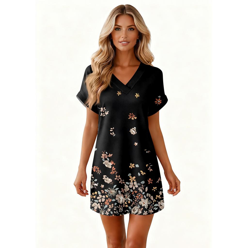 Damenmode Druck V-Ausschnitt Kurzarm Tasche Lässiges Pulloverkleid