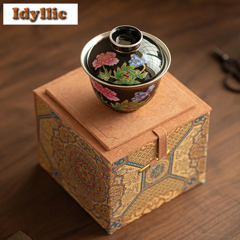 160ml Silver-plated Enamel Color Gaiwan Antique Tea Tureen Tea Bowl With Lid Kit Tea Making Cover Bowl Chinese Teaset Decoration