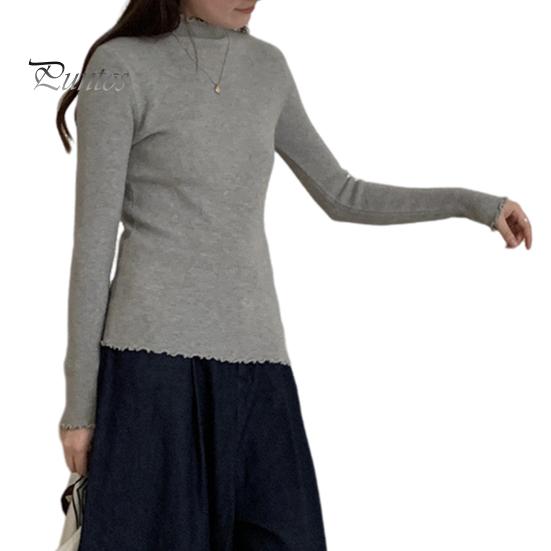 

Вязаные топы Однотонные топы с полувысоким воротником, длинными рукавами, прозрачной отделкой, облегающие топы с высокой резинкой, базовые топы серый