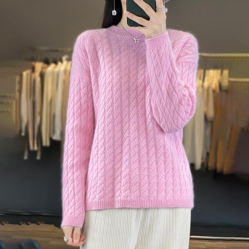 Round Neck 100% Pure Cardigan for Women's Autumn and Winter Solid Color Twist Sweater Loose and Versatile Warm Cashmere Base Shirt