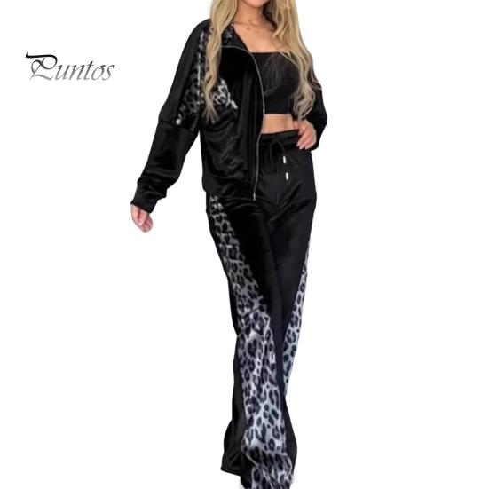

Жіночі оксамитові спортивні костюми з леопардовим принтом, лаунж-комбінезон із двох частин, світшот на блискавці та спортивні штани з кишенями S чорний