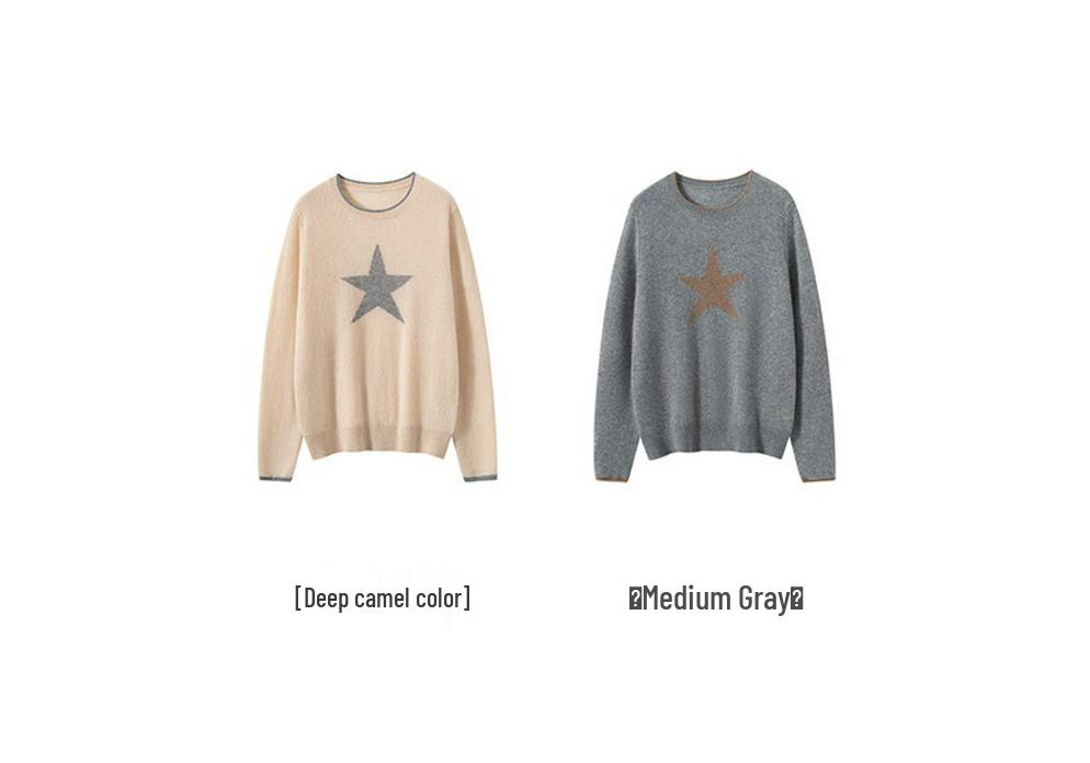 100% Pure Cashmere Color Block Round Neck Sweater with Five-Star Pattern - Simple and Versatile Design for Autumn/Winter