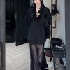 Chic Retro Black Suit Set: Women's Spring/Summer Mesh Spliced Loose Shirt & Long Skirt Two-Piece