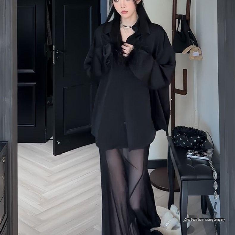 Chic Retro Black Suit Set: Women's Spring/Summer Mesh Spliced Loose Shirt & Long Skirt Two-Piece