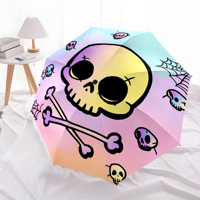 1 PC Automatic Folding Umbrella - Colorful Skulls Pattern, Portable & Foldable Design with 8 Ribs, Christmas Birthday Gifts