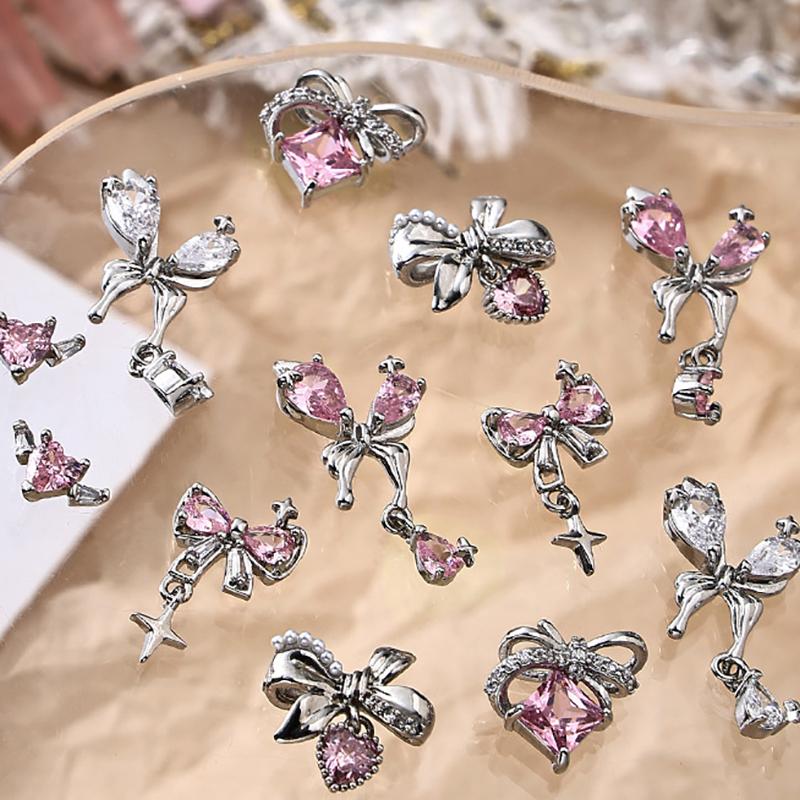 Nail Art Diamond Pink Zircon Bow Pendant Jewelry New Light Luxury Silver Butterfly Love Diamond