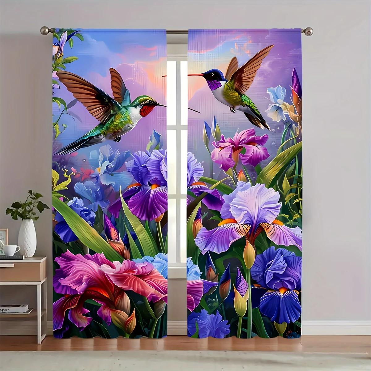 

Modern Polyester Hummingbird Floral Printed Curtains Home Decoration Room Made Of W100*H70(CM)-Hooks&2PCS