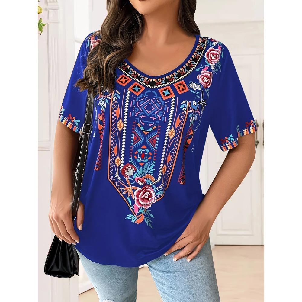 T-shirt da Donna Taglie Forti Boho Harajuku Stampa Grafica Estiva Manica Corta Top Casual Moda di Strada T-shirt Abbigliamento Femminile