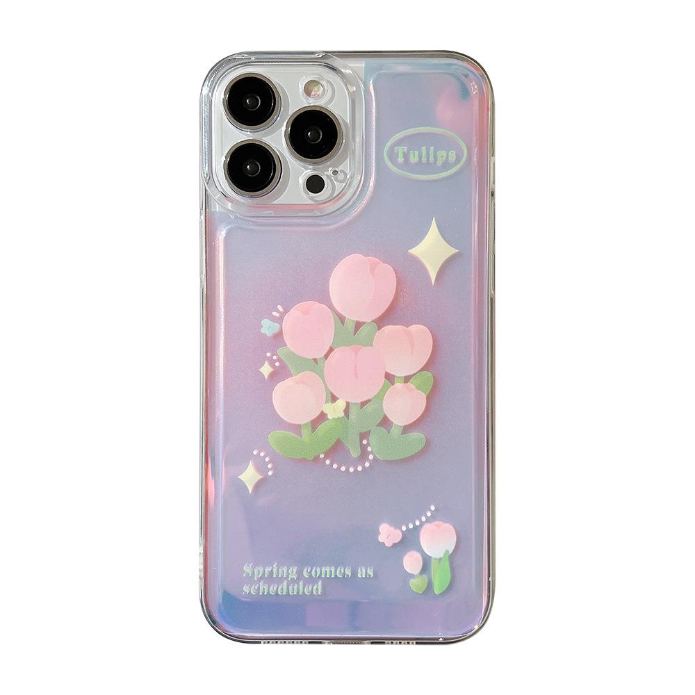 Pink Tulips Suitable for IPhone16 IPhone Case 17pro Max All-inclusive 11 Silicone 15 Laser XR Case