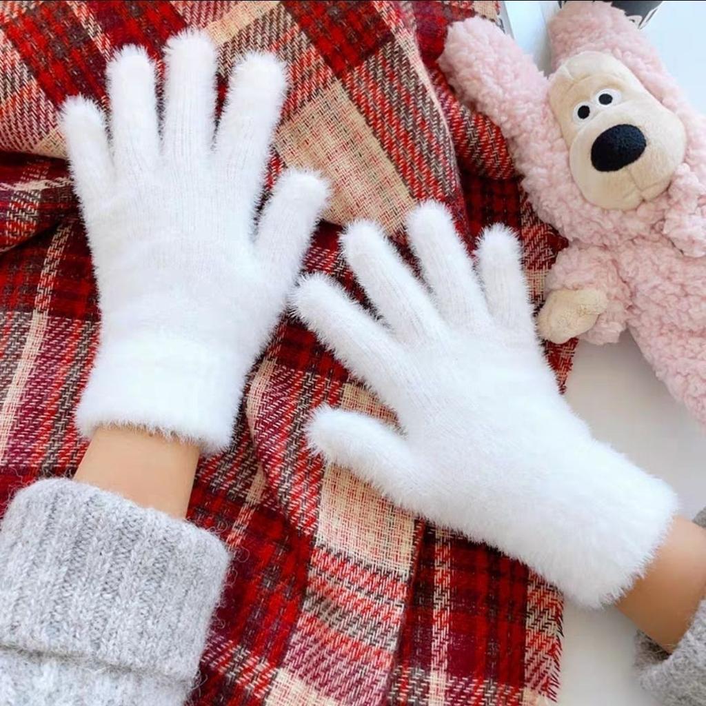 Winter Thickened Faux Rabbit Fur Gloves Warm Mink Fur Cycling Solid Color Five-Finger Outdoor Skiing Cold-Proof Gloves