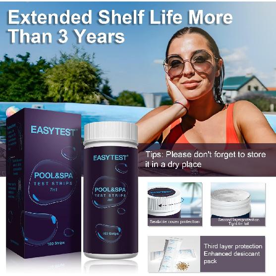 EASYTEST 7-Way Pool Test Strips, 150 Strips Water Chemical Testing for Hot tub and Spa, Accurate Test Bromine, Total Alkalinity, pH, Free Chlorine,
