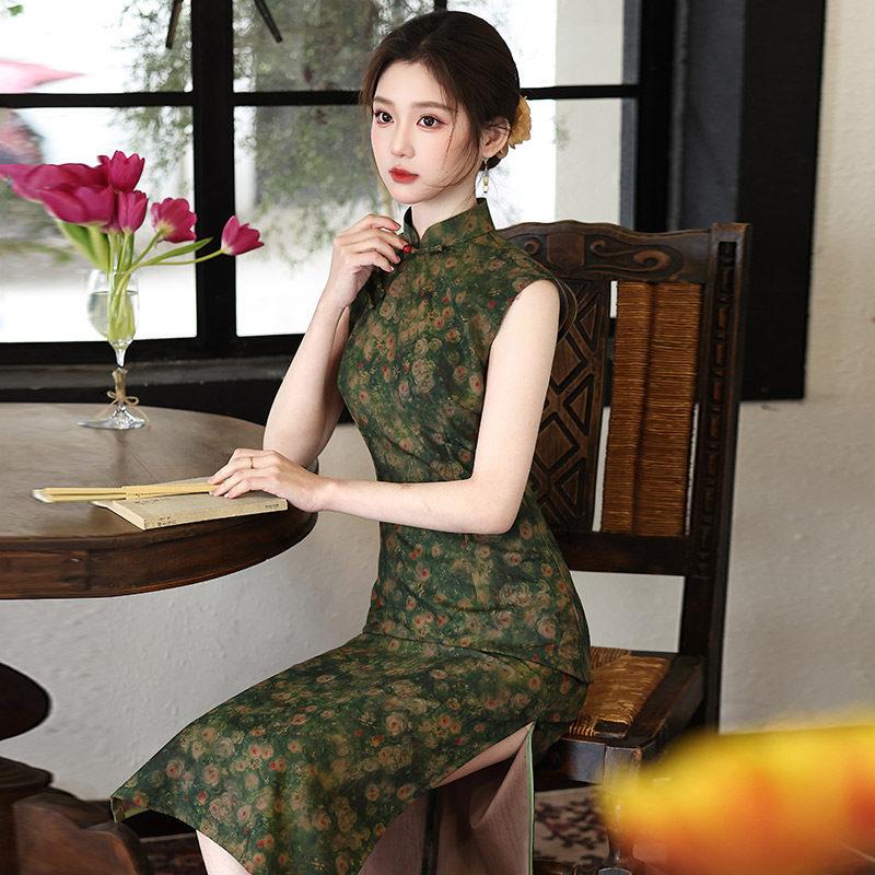 Green National Style New Chinese Sleeveless Suzhou Long Cheongsam Improved Young 1011 New Women's High Sense Summer