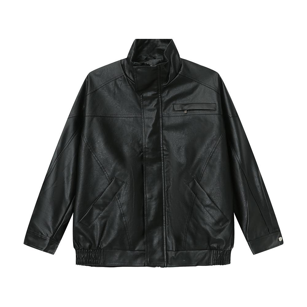 

MTLCLOTHES Men s American Retro Stand Collar Stylish Solid Color Versatile High-Grade PU Leather Cardigan Jacket Fashionable M чёрный