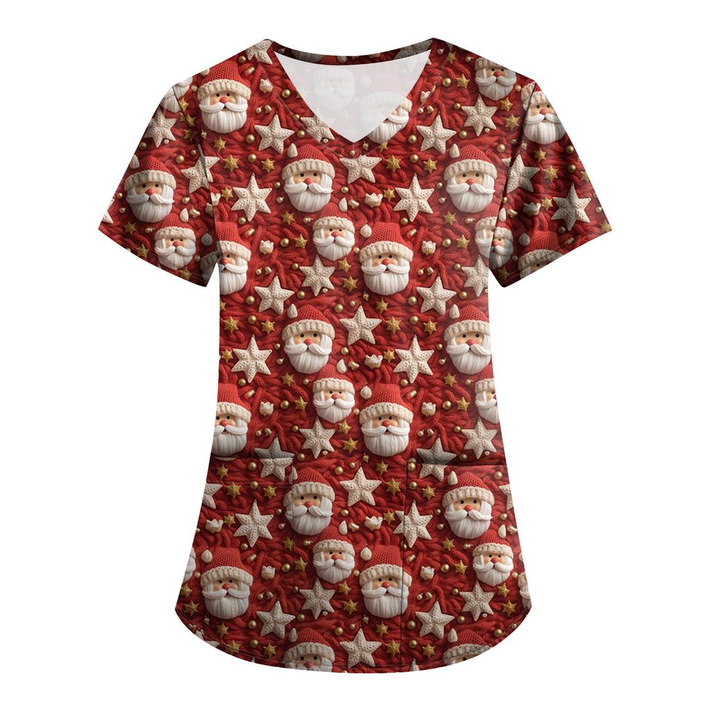 Plus SizePrinted Scrub Working Uniform Tops For Women's Cross V-Neck Print Short Sleeve Fun T-Shirts Workwear Tee With Pockets