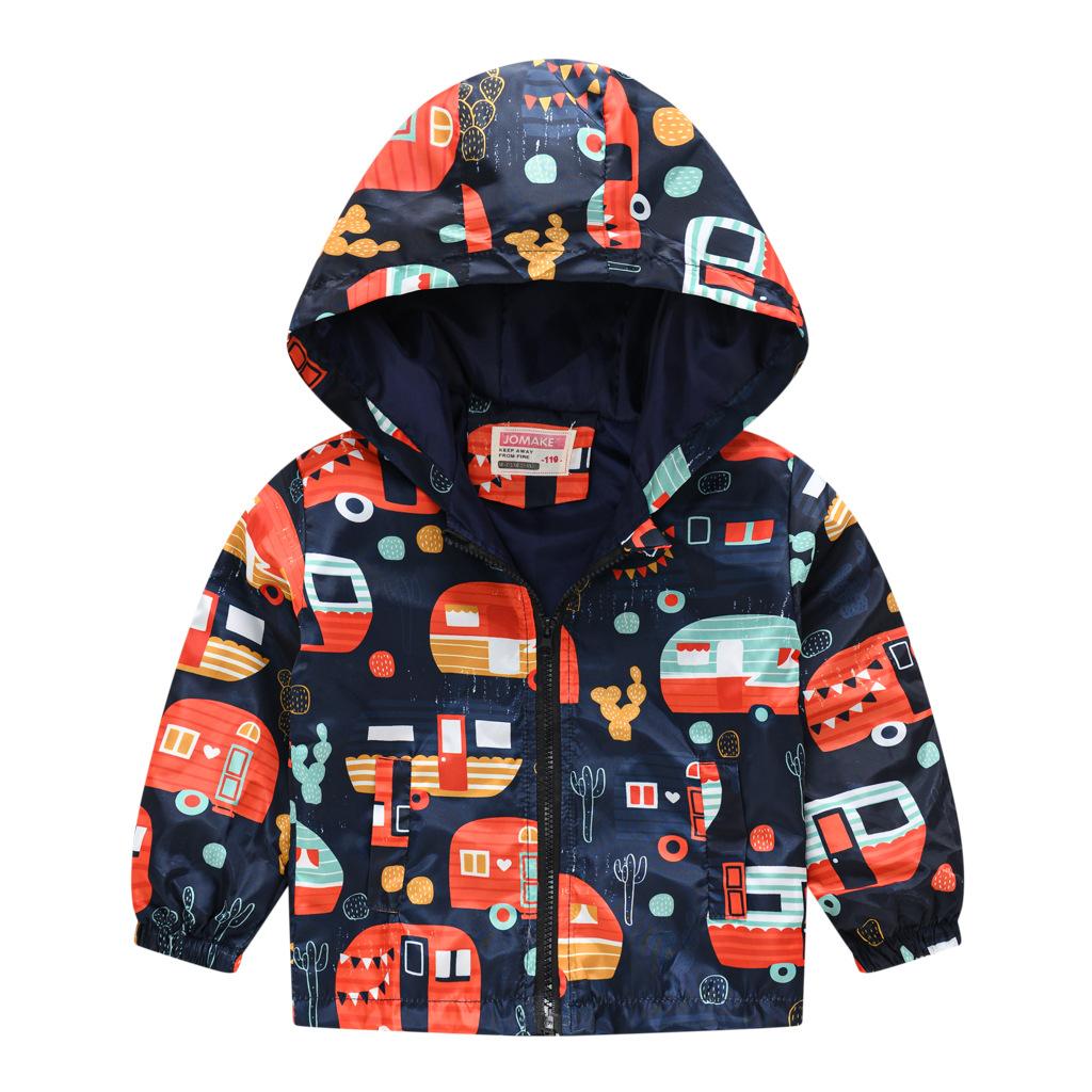 Toddler Kids Cartoon Print Hooded Jacket Boys Girls Lightweight Windproof Zip Up Casual Outerwear Coat