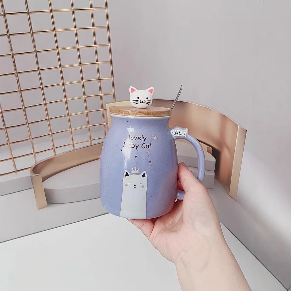 Niedliche Cartoon Katze Keramiktasse mit Deckel Löffel Große Kapazität Becher Haushalt Kaffeetasse Frühstück Milch Wasser