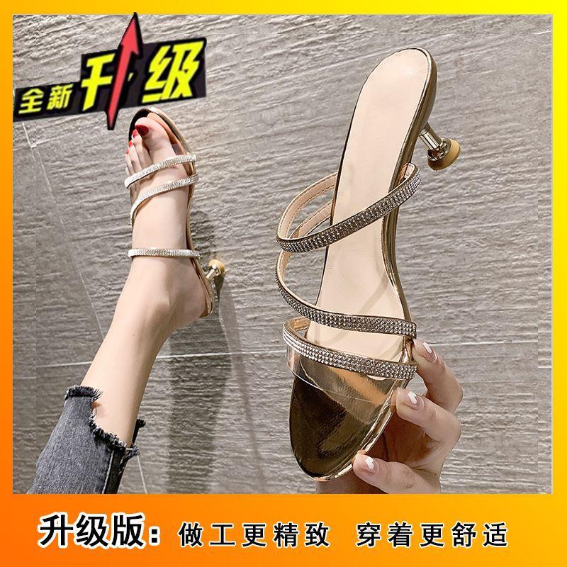 3Cm half-drag high heels, rhinestone fairy, cool slippers outside the wind, female 2025 new summer temperament low heel medium heel