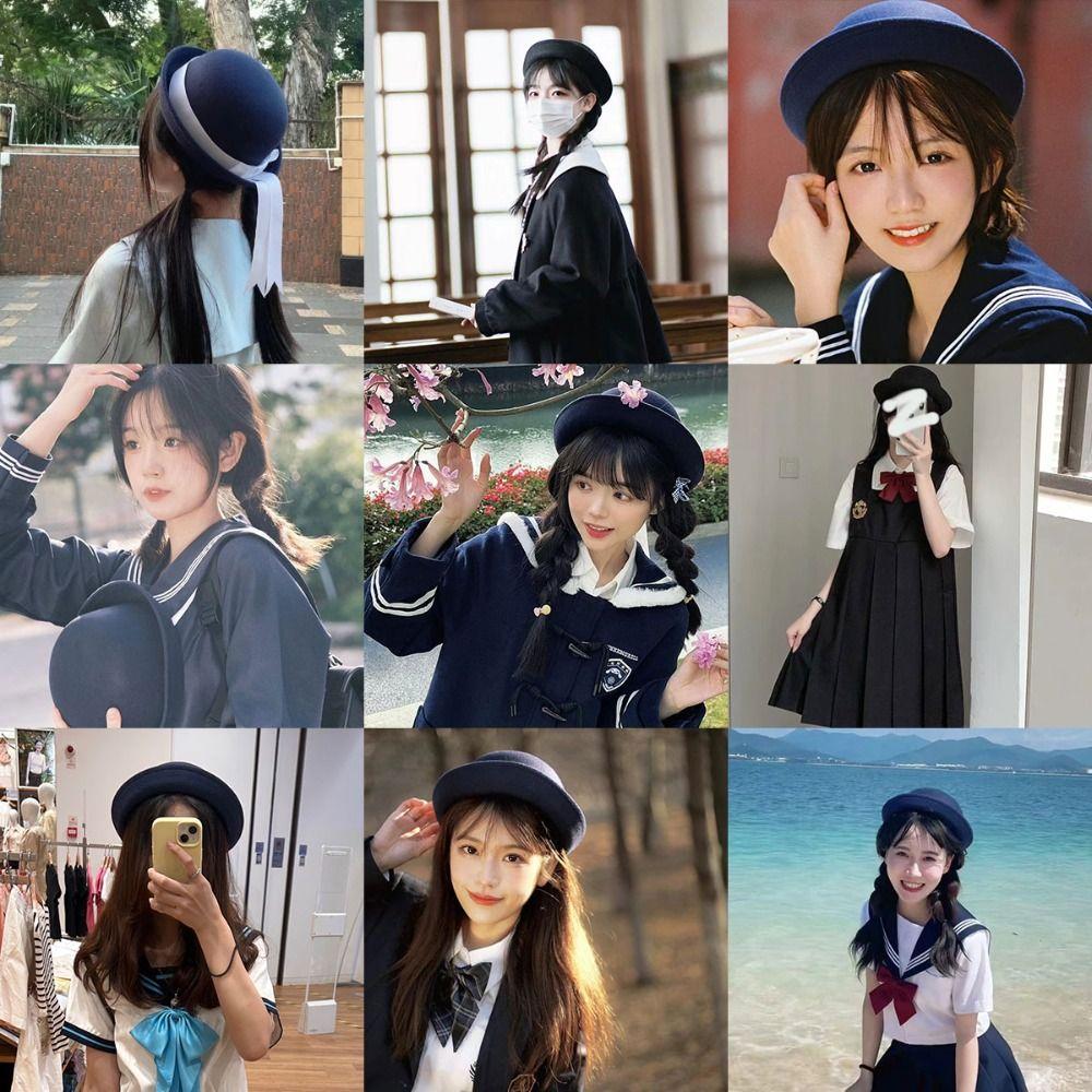 College Style Bow Bowler Hat Cute Sailor Hat Retro Round Dome Fedora Hat  Outdoor