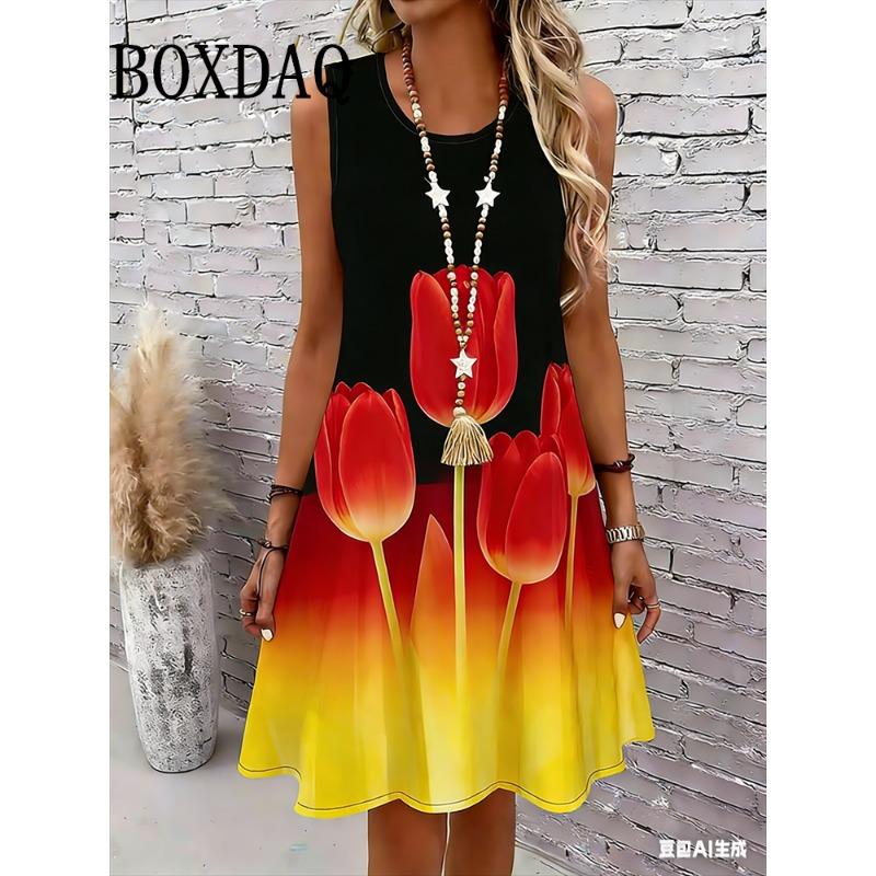

Gradient Flowers Print Dress For Women Summer Casual Beach Party Sexy Sleeveless O-Neck Loose Dresses Ladies Clothing Sundress S