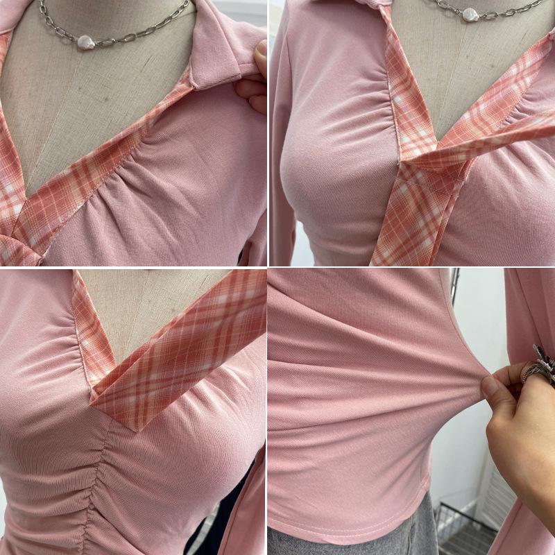 Spicy Girl V-Neck Bow Tie Lace-Up Long Sleeve Slim Pleated Top
