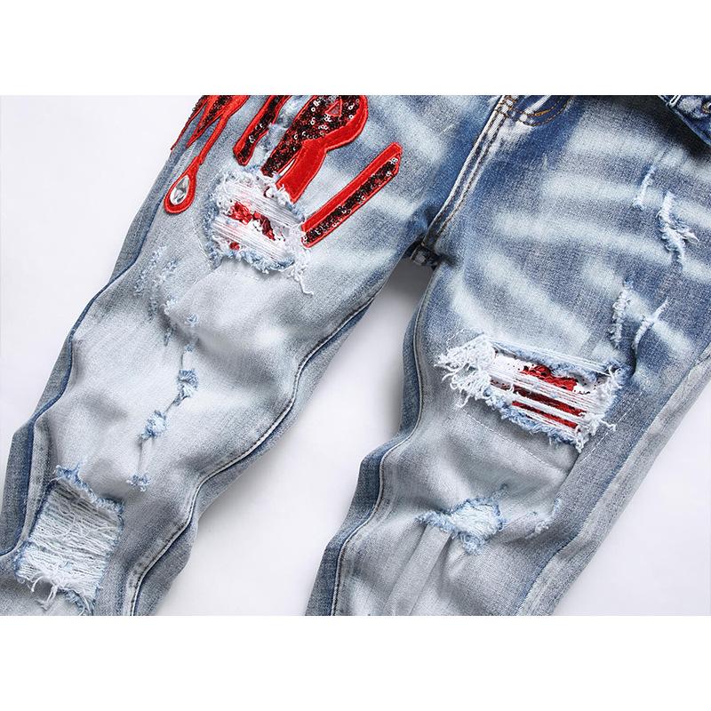 Nuovo Stile Street Style Jeans da Uomo Denim Blu Stampato Trendy Elasticizzati Giovanili Slim Fit 3613