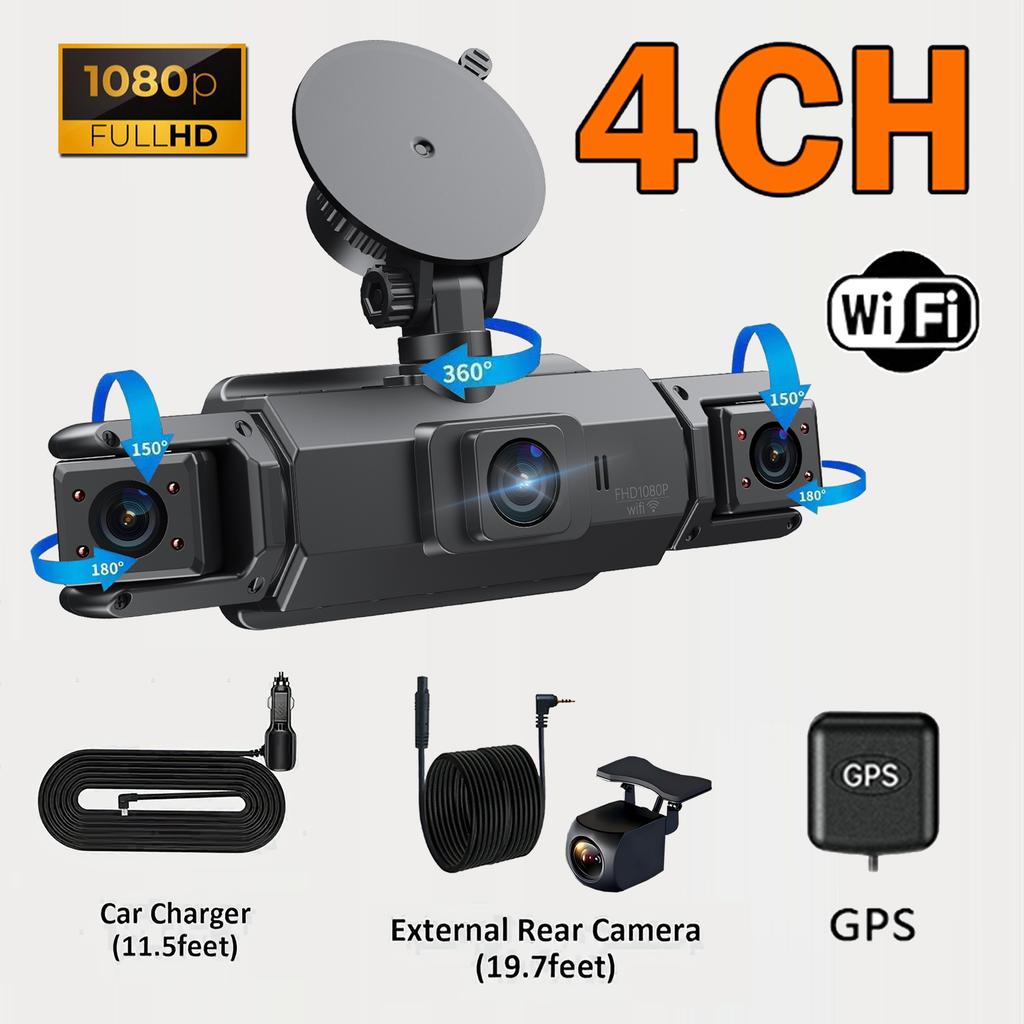 Car Dash Cam 4 Channel with GPS Night Vision WiFi for Car DVR 360° Front Left Right Rear Loop Recording 24H Parking Monitor