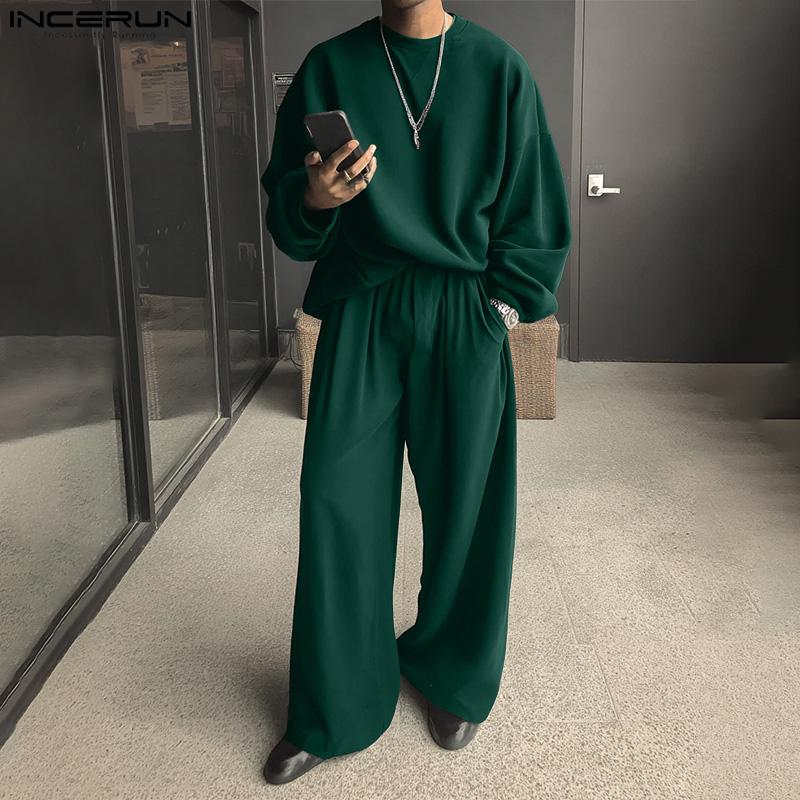 INCERUN Oversized Autumn Men Long Sleeve Pullovers Long Pants Casual Two Pieces Sets Outfits