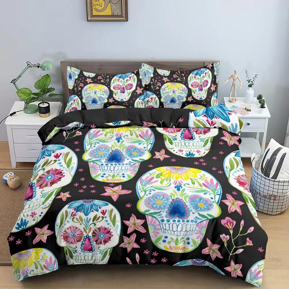 

3D Digital Skull Print Duvet Set Cover Queen King Size Featured Pattern Bedding 3 Piece Set 2 Pillowcases With Zipper No Quilt EU Single(135x200cm)