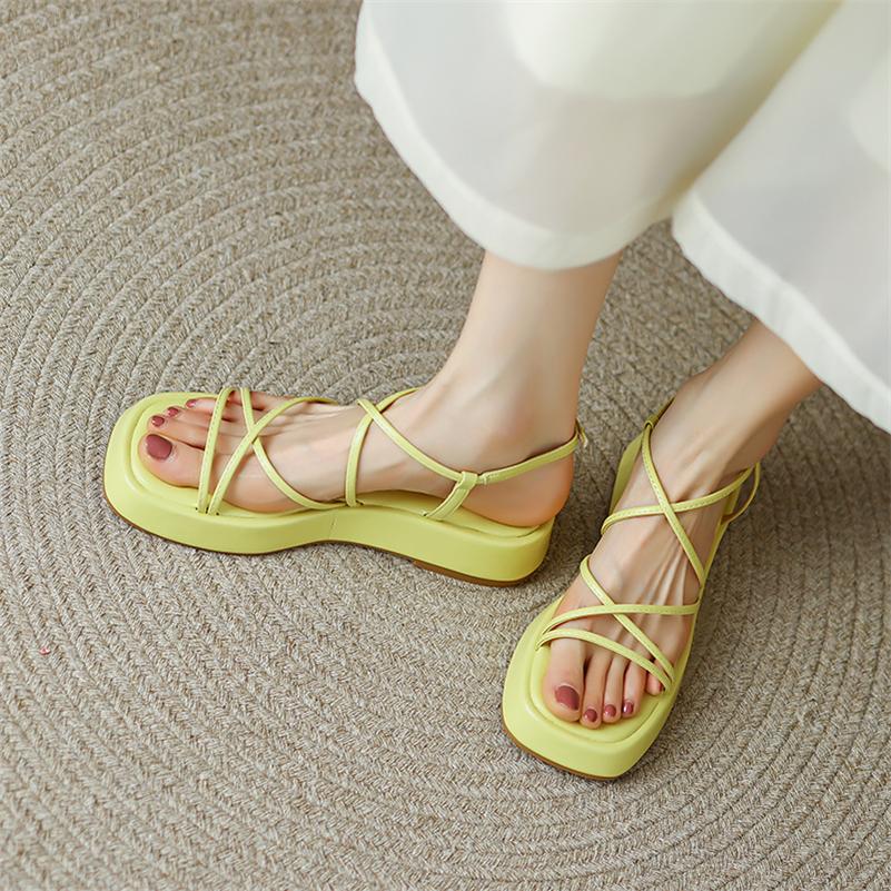 Meotina Femmes chaussures en cuir véritable plate-forme été boucle sandales sangle croisée chaussures pour dames abricot jaune cuir de vache