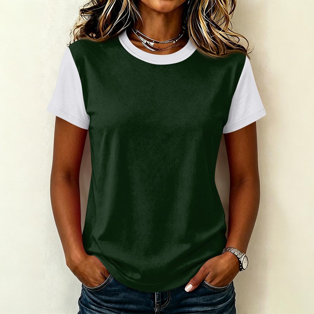 Women’s Casual Crew Neck Short Sleeve Pullover T Shirt Stitching Loose Fit Basic Top for Daily Wear