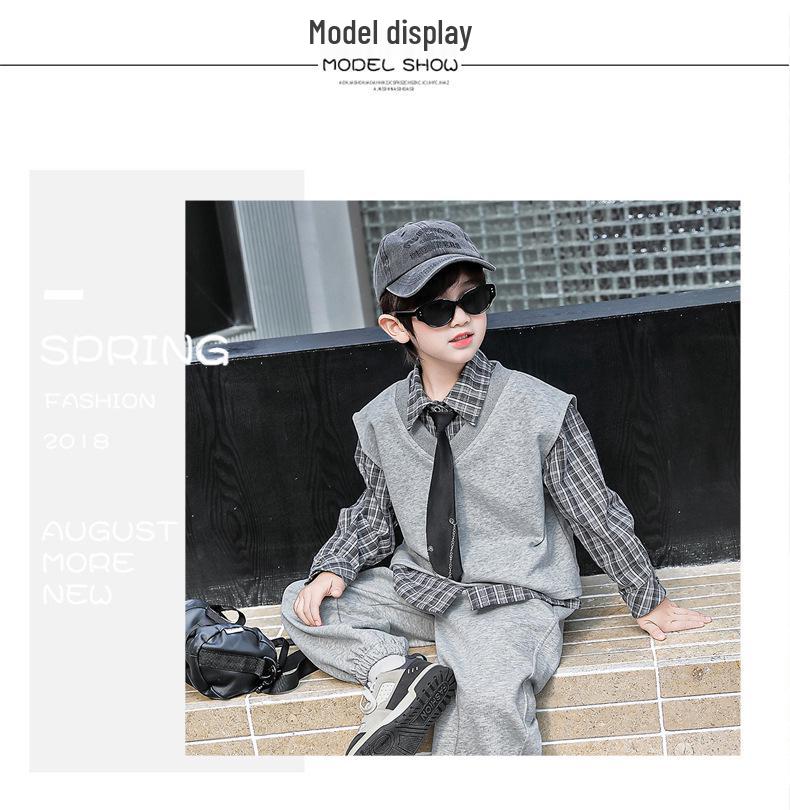 Jungen 2025 Herbst Preppy 3-teiliges Set: Stilvolles Hemd, Weste und Sportbekleidung