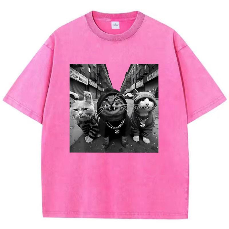 Streetwear Cat Hip Hop T Shirt Vintage Washed Cotton T-Shirt Graphic Tee Casual Streetwear Spring Summer Tee