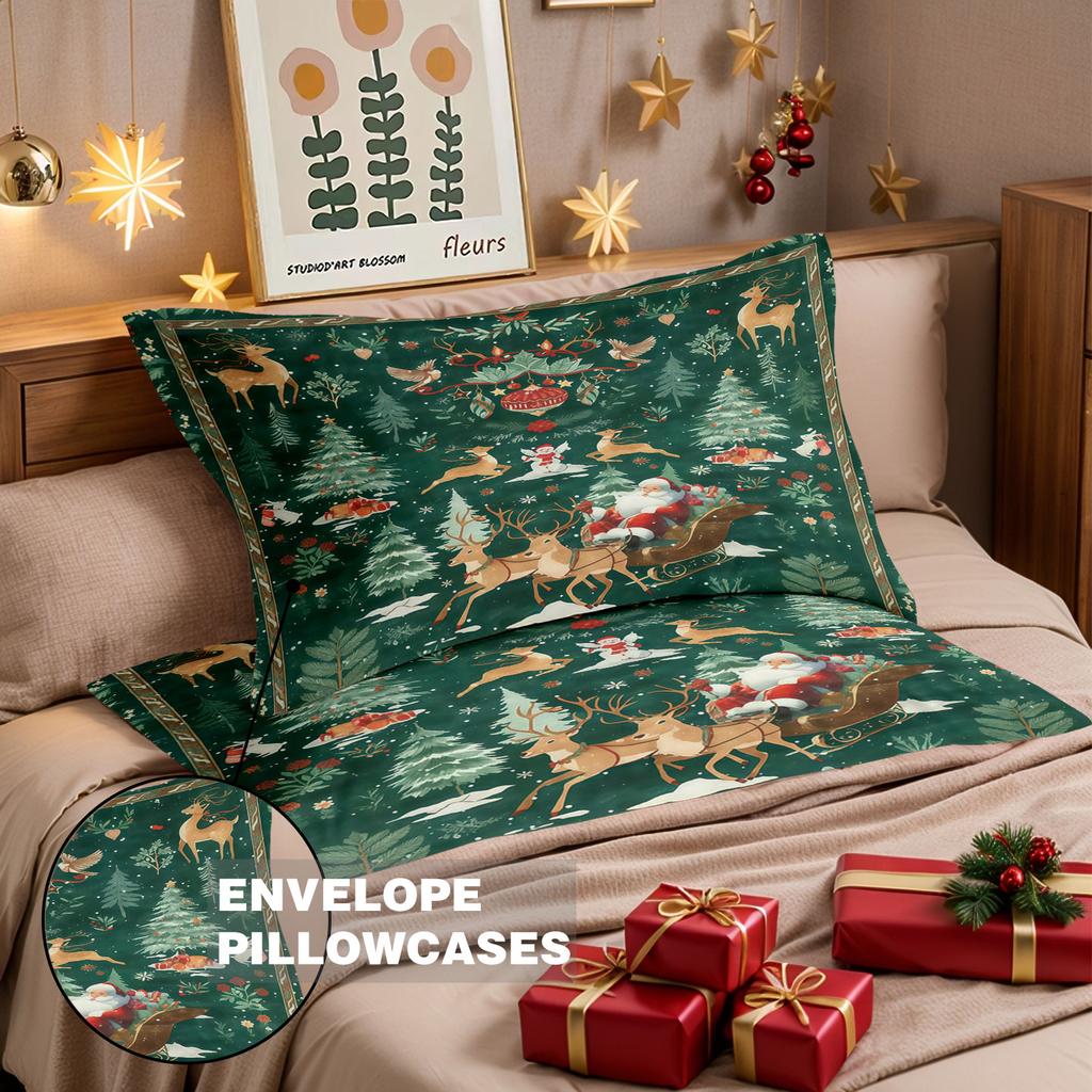 3 Pcs Green Christmas Print Coreless Set Soft and Comfortable Including 1 Duvet Cover and 2 Complete Sets for Gift