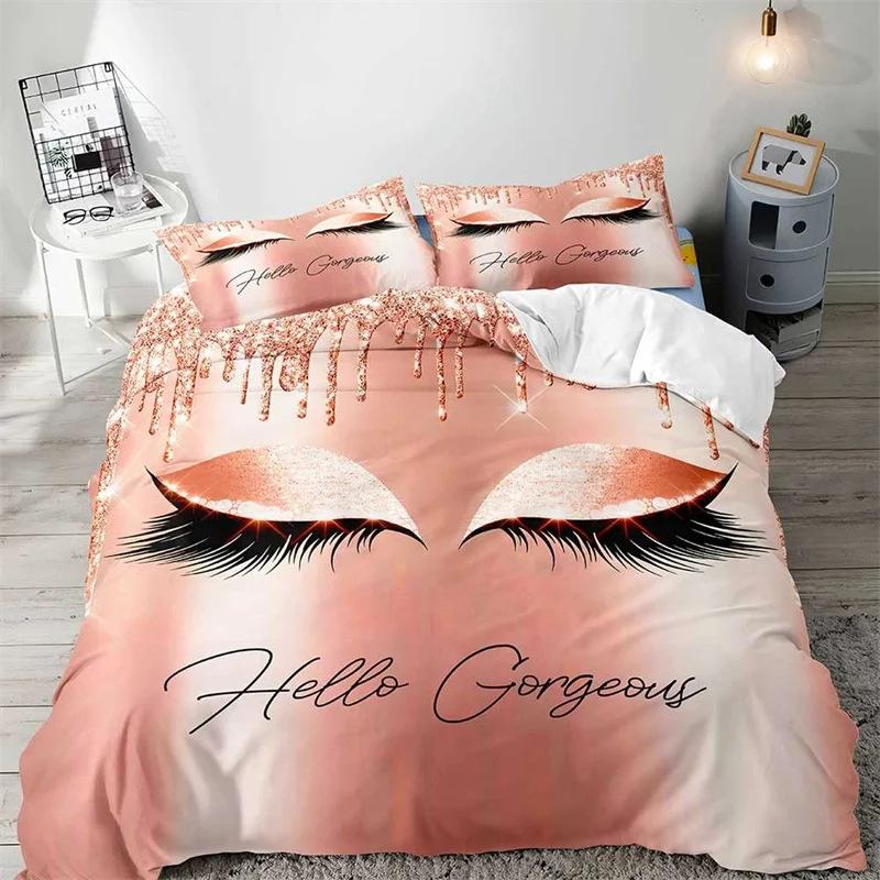 Hello Gorgeous Duvet Cover Rose Gold Shiny Eyelashes Makeup Charming Girl Fashion Bedding Three-piece Set