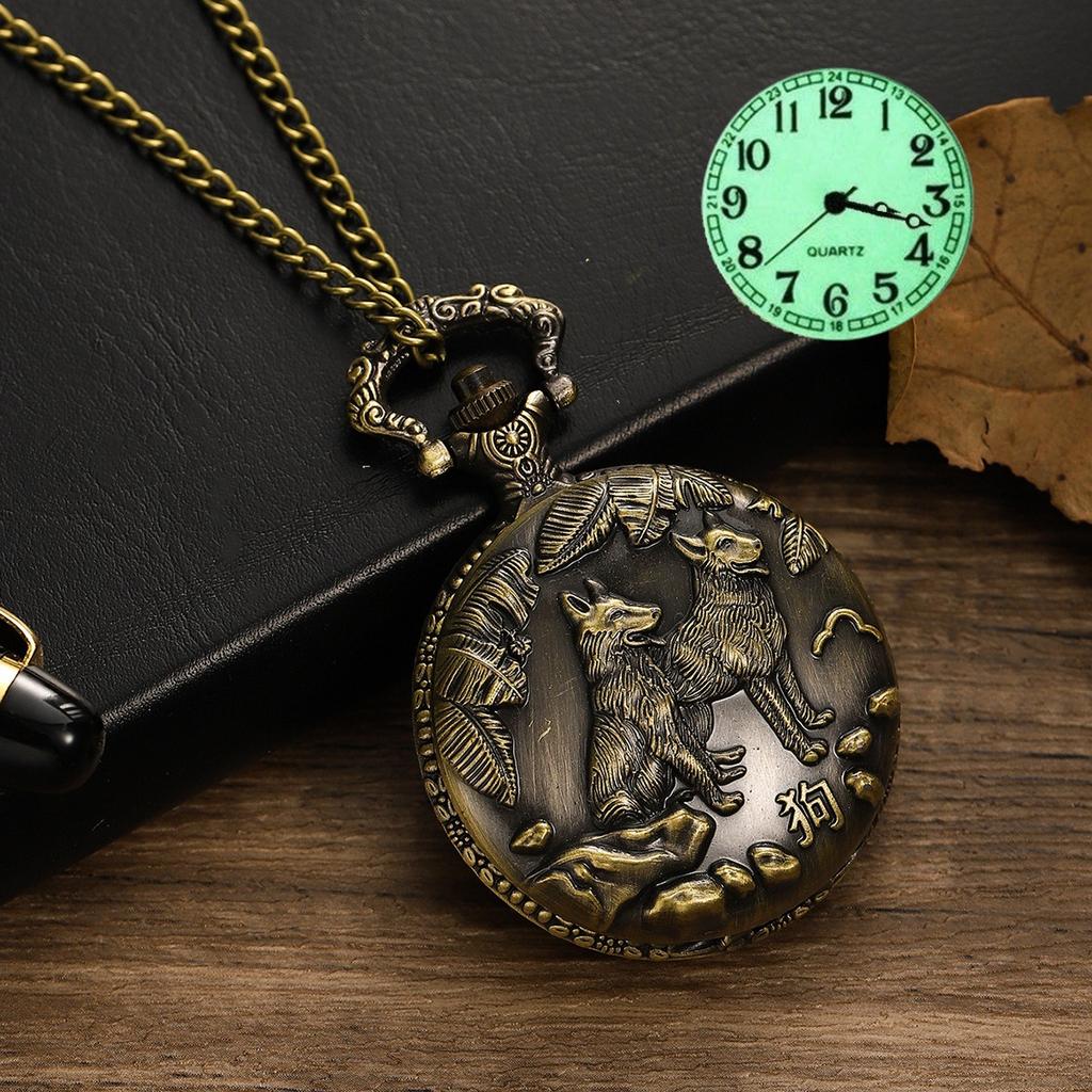 Taschenuhr Hollow Retro Flip 12 Tierkreis Groß Kreativ Studentenuhr Großes Zifferblatt Leuchtend Huai