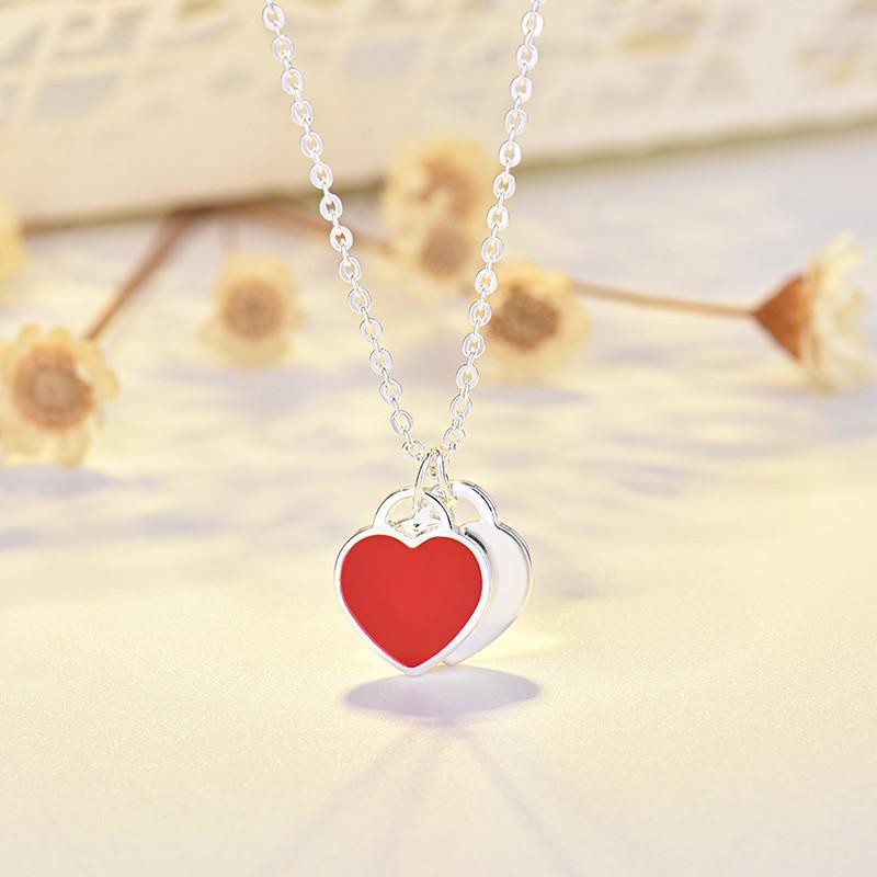 Qiaolanxuan Tri-Color Heart Enamel Necklace: Red, Blue & Pink T-Neck Clavicle Chain