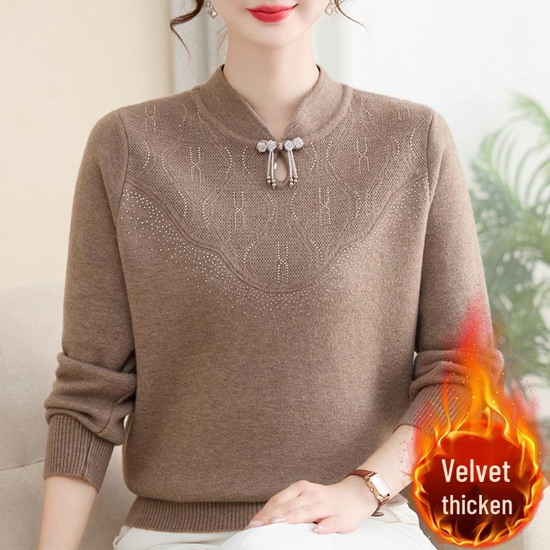 

Mom’s Autumn-Winter Qipao Collar Sweater for Middle-Aged & Elderly Women - Plus Velvet Mink Knit Top 5XL (140-155 lbs recommended)