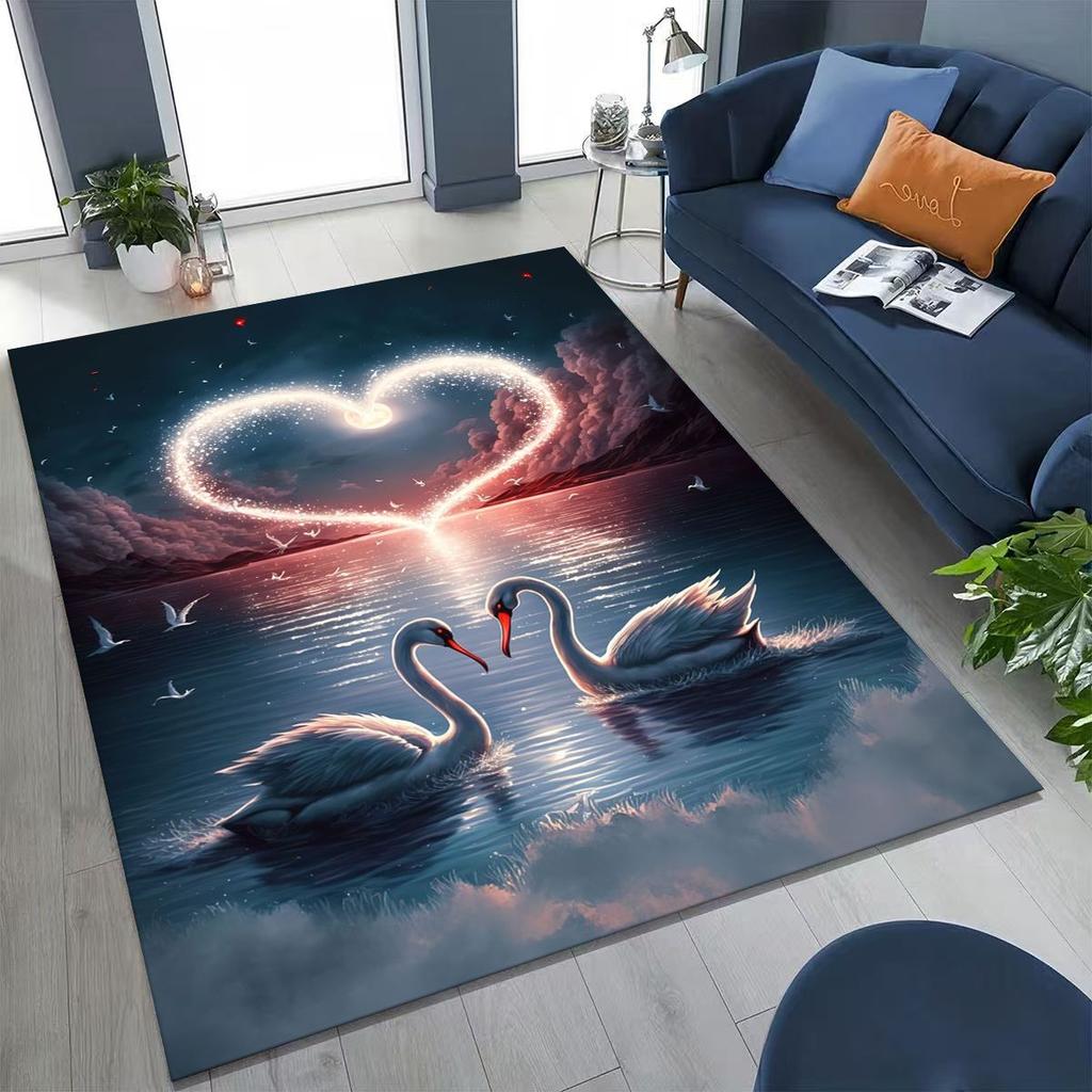 Traum Liebe Schwan Kunst Cartoon Teppich für Schlafzimmer Wohnzimmer Sofa Zuhause Fußmatte Dekor, Große Kinder Spiel Rutschfeste Bodenmatte Geschenk