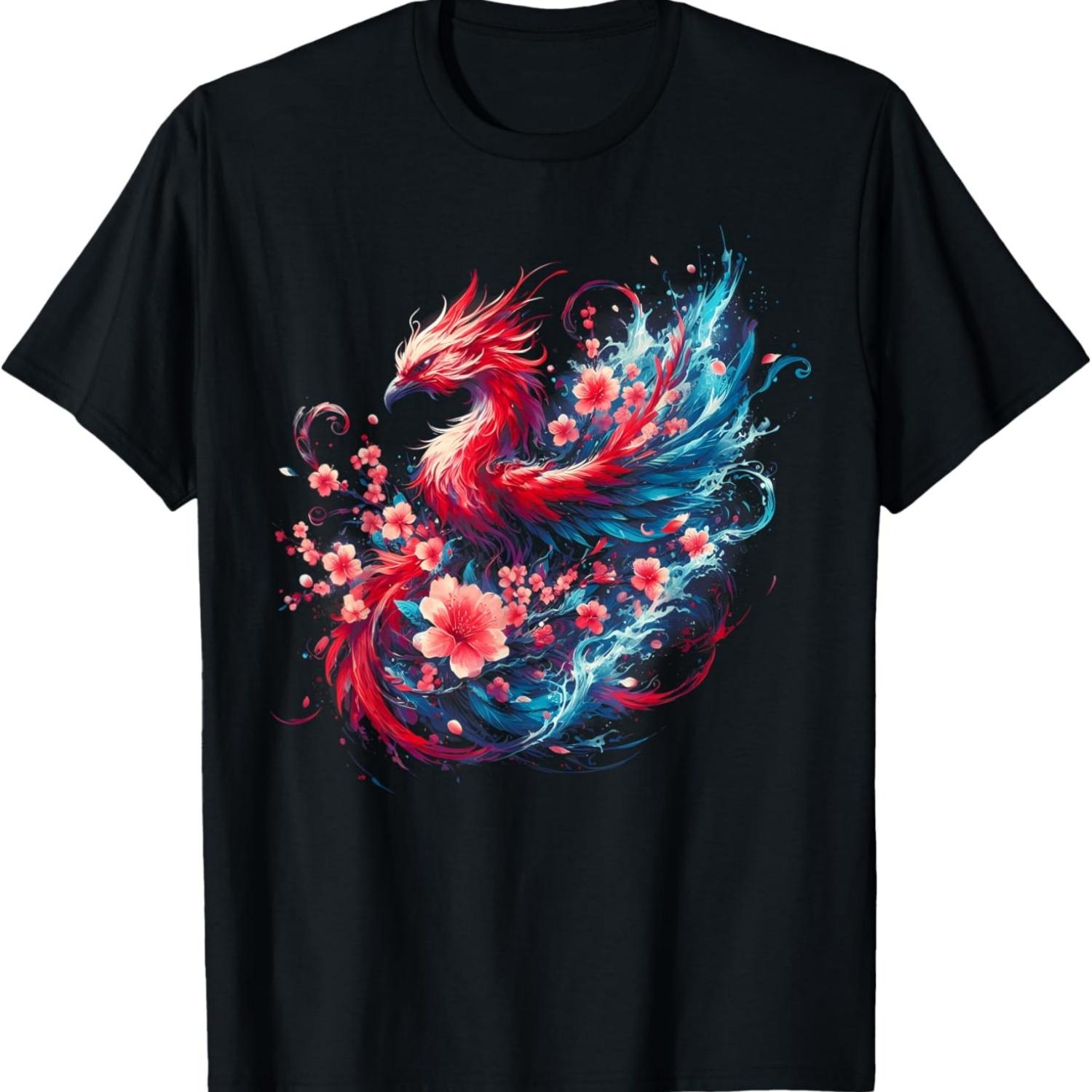 Phoenix and Cherry Blossom  Art Christmas T-Shirt(1) S чёрный