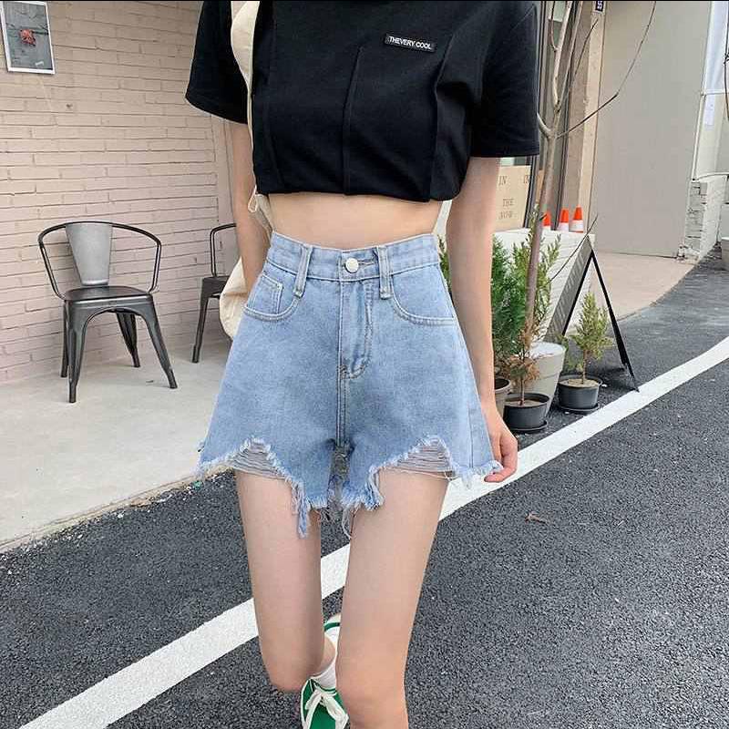 Pantaloncini di Jeans Neri a Vita Alta Comodi Skinny alla Moda e Versatili da Donna Sezione Sottile Gamba Larga Larghi Sottili con Bordo Grezzo Estivi