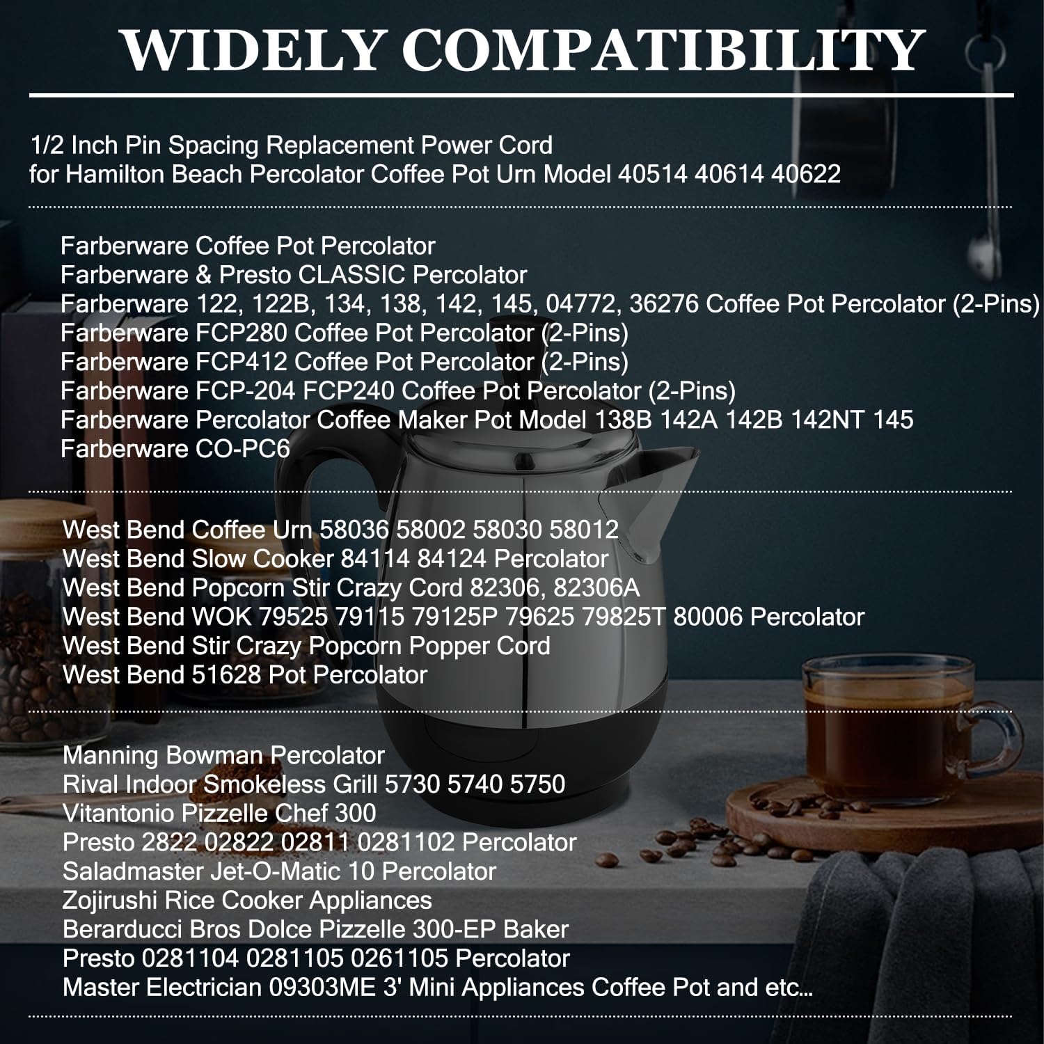 HASMX Percolator Power Cord for Farberware Percolator Coffee Maker Pot Model 138B 142A 142B 142NT, 2pin Cord Black 3ft Length (1-Pack)