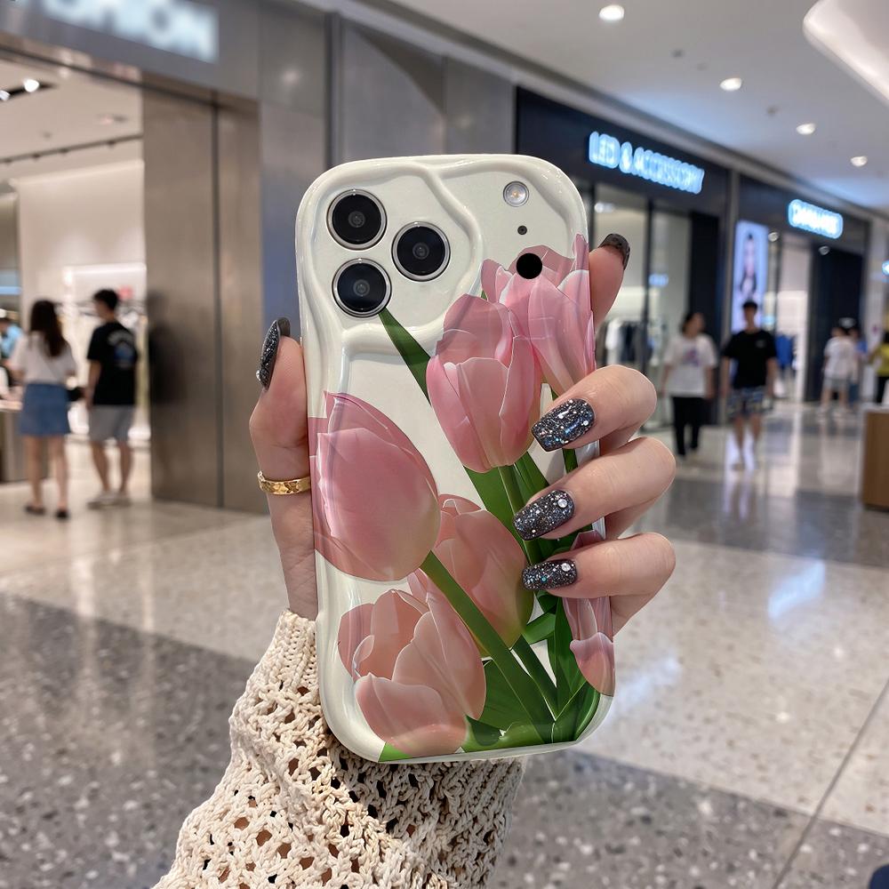 Pink Tulip Floral Pattern Wavy Edge Phone Case For iPhone 17 16 15 14 13 12 11 8 7 Plus Pro Max Spring Theme Soft Cover