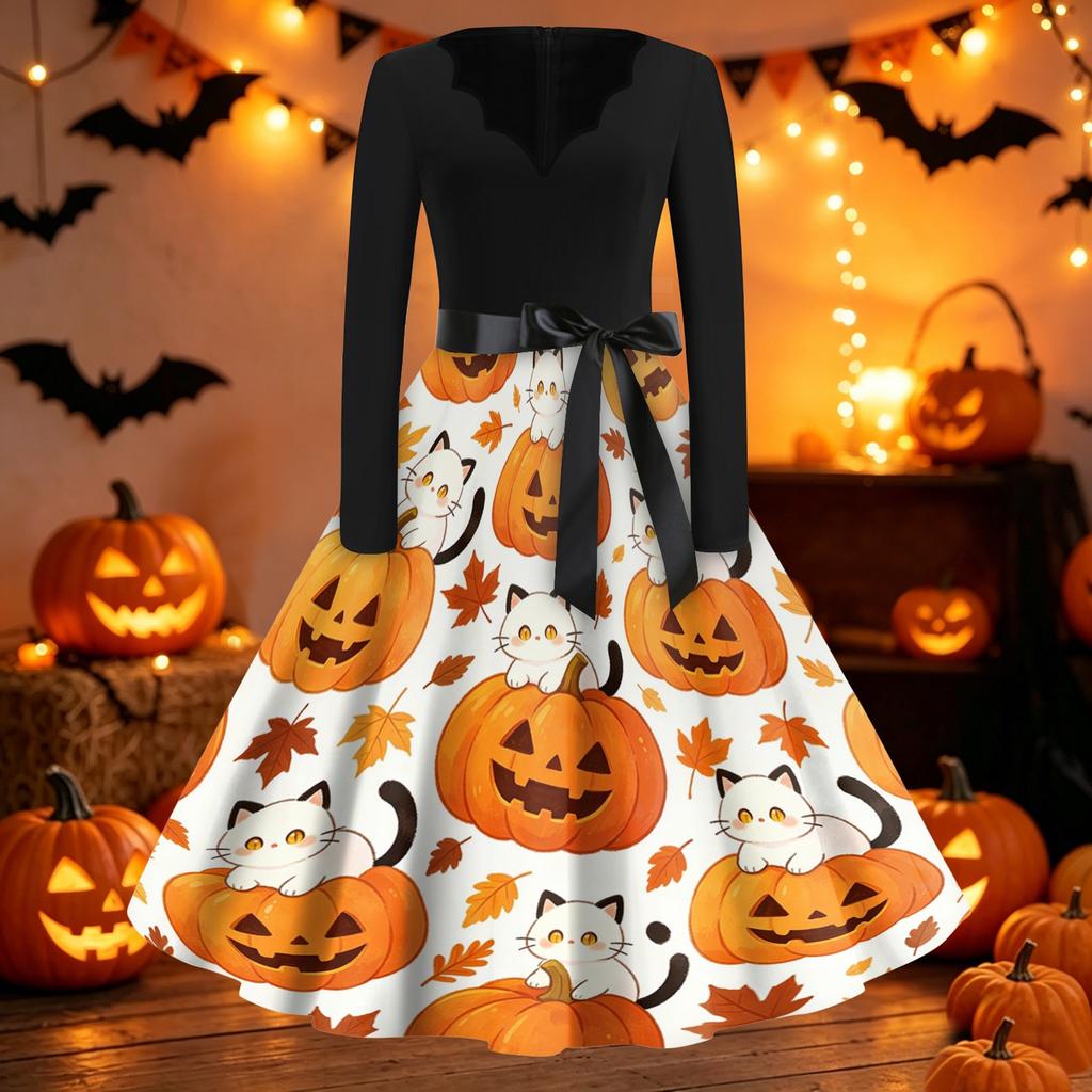 Women Casual Vintage Halloween Dress V Neck Long Sleeve Belted Waist Retro Printed Midi Dress for Autumn and Party