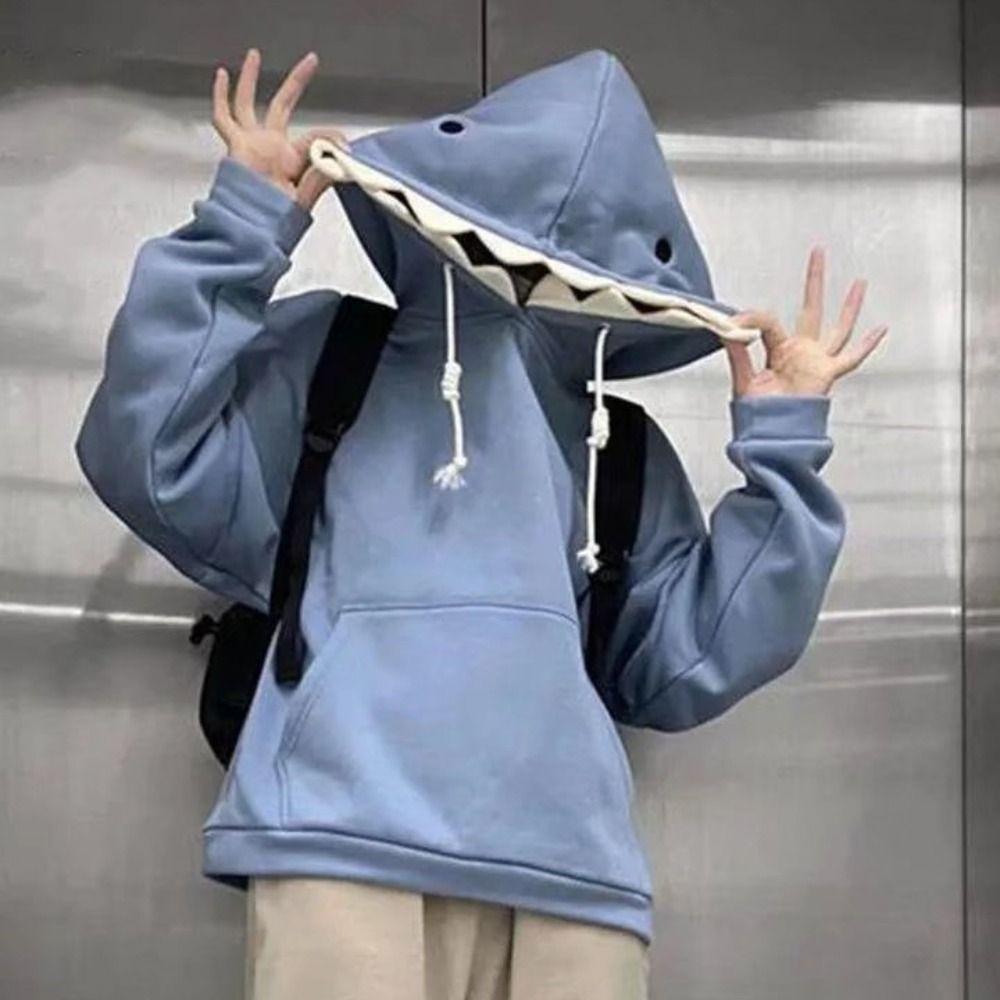 Pullover Hooded Sweatshirts Long Sleeve Shark Hat Sweater Fleece Shark Hoodies Women Man