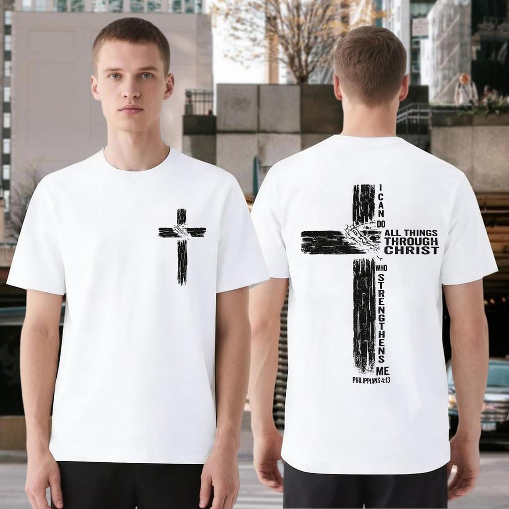 Men's Front & Back Cross Print T-Shirt, Philippians 4:13 Verse Graphic, Casual Crew Neck Short Sleeve Top