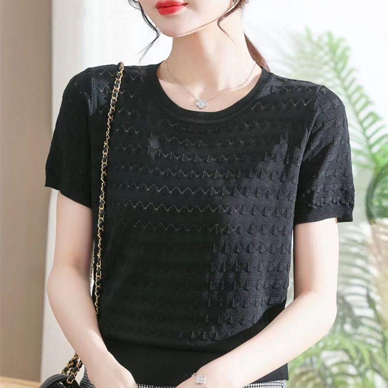 Summer Women New Shoulder Ice Silk Short-sleeved T-shirt Loose and Versatile Foreign Style Thin Bottoming Top Ins Trend